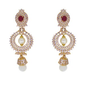 Gold Earrings with pearls, red gemstone