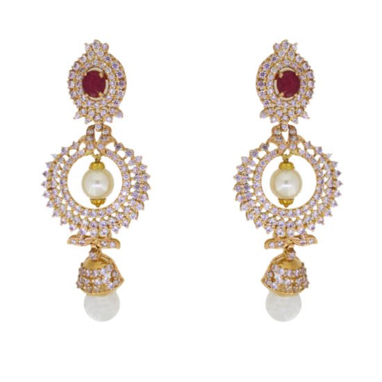 Gold Earrings with pearls, red gemstone