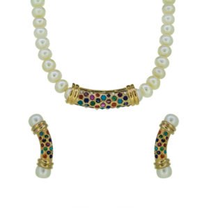 gold pendant set with pearl string and naurattan gemstones