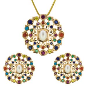 Gold pendant set with naurattan gemtones.
