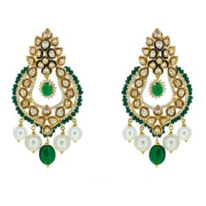 Handcrafted traditional gold earrings with jade,pearls,polki and cubic zircons