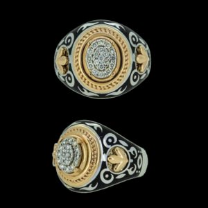 Gold ring with black enamel studded with diamonds