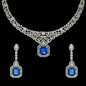 Gold Necklace Set with diamonds and blue gemstone