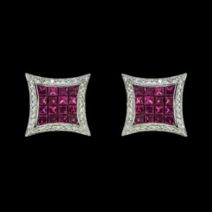 Gold earrings studded with diamonds and rubies