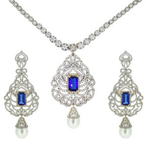 Gold necklace set with CZ,Pearls and blue gemstone